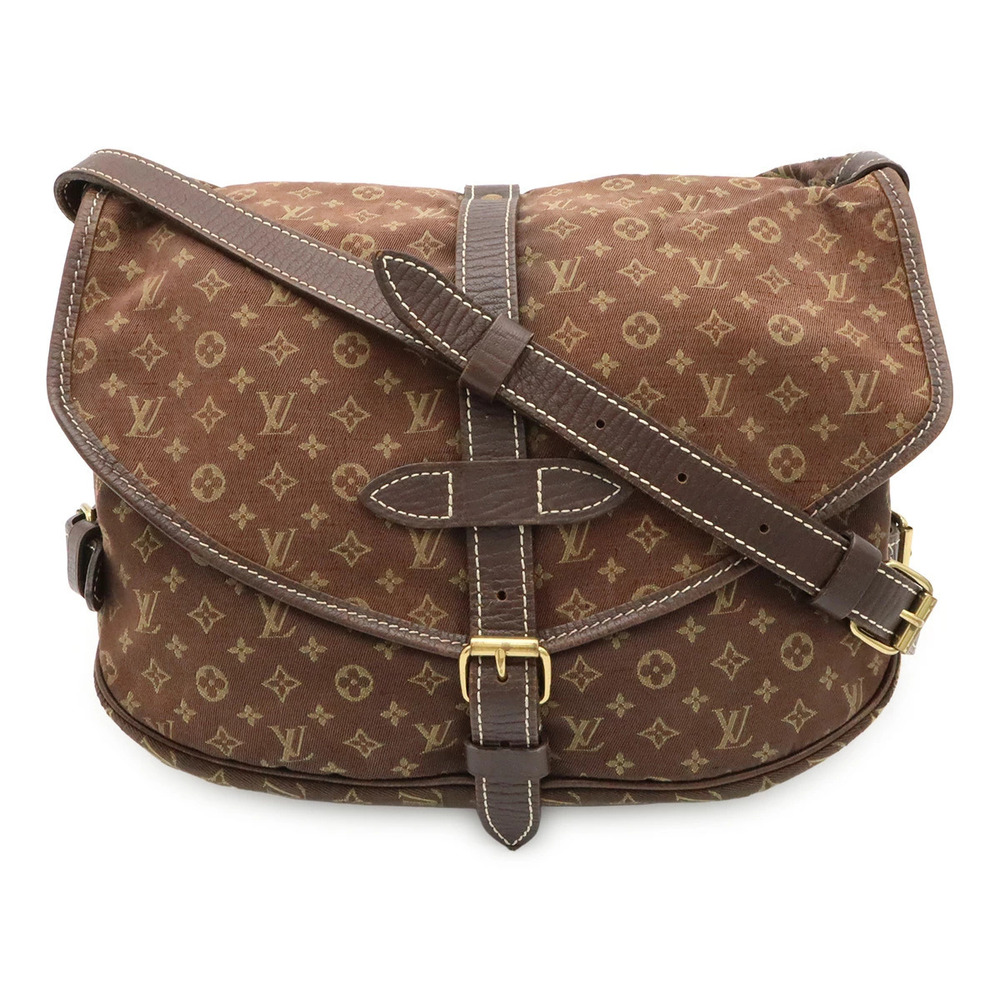 LOUIS VUITTON Monogram Lin Saumur Crossbody Bag Canvas Leather Ebene Brown